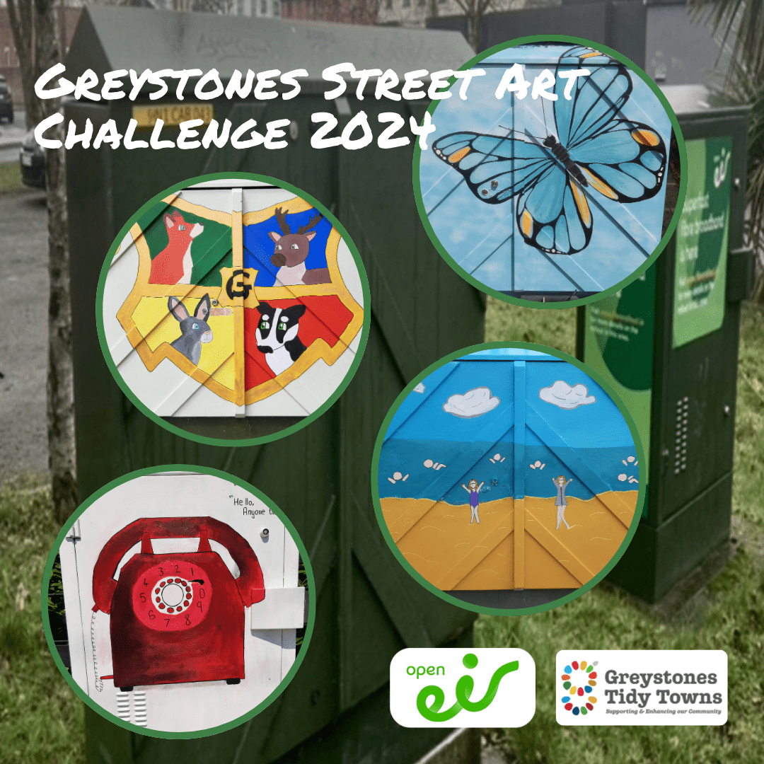 Image shows a green open eir broadband cabinet. In front of it are the images or last years artists. Text reads Greystones Street Art Challenge 2024